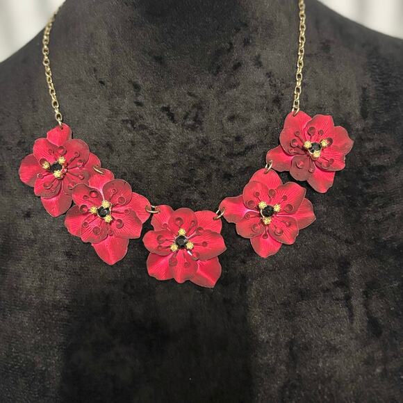 Bold Red Layered Flower Statement Necklace Gold Chain | Glam Floral Jewelry - Picture 1 of 13